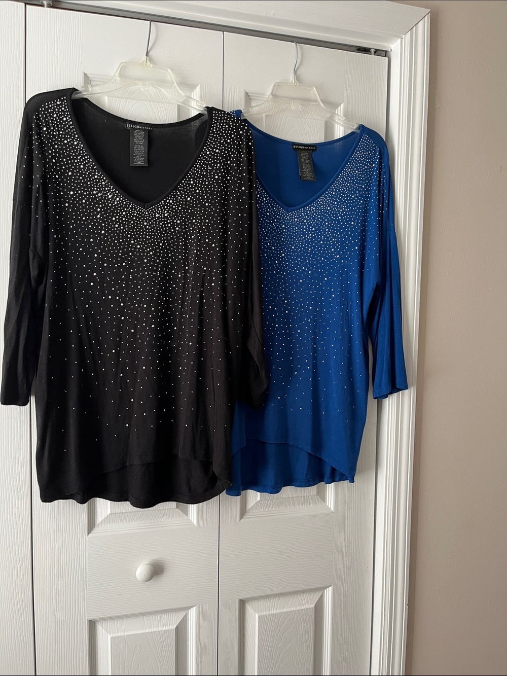 Design History Rhinestone V-Neck Long Sleeve Top - Black and Blue